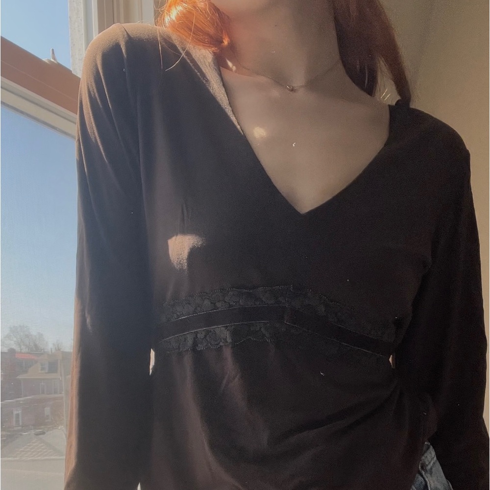 Motherhood Maternity Chockate Brown, V-Neck, Lace Trim Tie Waist, Flowy Top <3